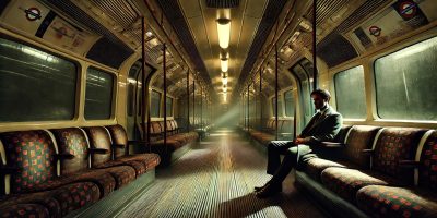 DALL·E 2024-09-18 09.39.47 - A tense and unsettling scene titled 'The Last Train.' Mark, a tired man in a suit, is sitting alone in a dimly lit carriage of the London Underground