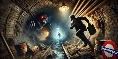 DALL·E 2024-09-18 09.57.06 - A terrifying and dark scene titled 'The Terrible Things,' where Mark ventures deeper into the London Underground, following the old man’s path. The tu