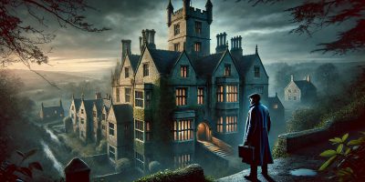 DALL·E 2024-09-18 16.49.19 - A sprawling, centuries-old English estate bathed in eerie twilight. Detective Sam McAlister stands at the entrance, looking up at the mansion with a s